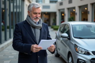 Homme méditerranéen vérifiant documents près d'une voiture en France