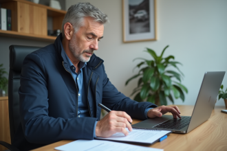 Homme concentré remplissant déclaration voiture à son bureau