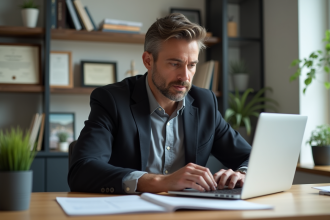 Homme d'affaires au bureau en train de remplir un formulaire en ligne