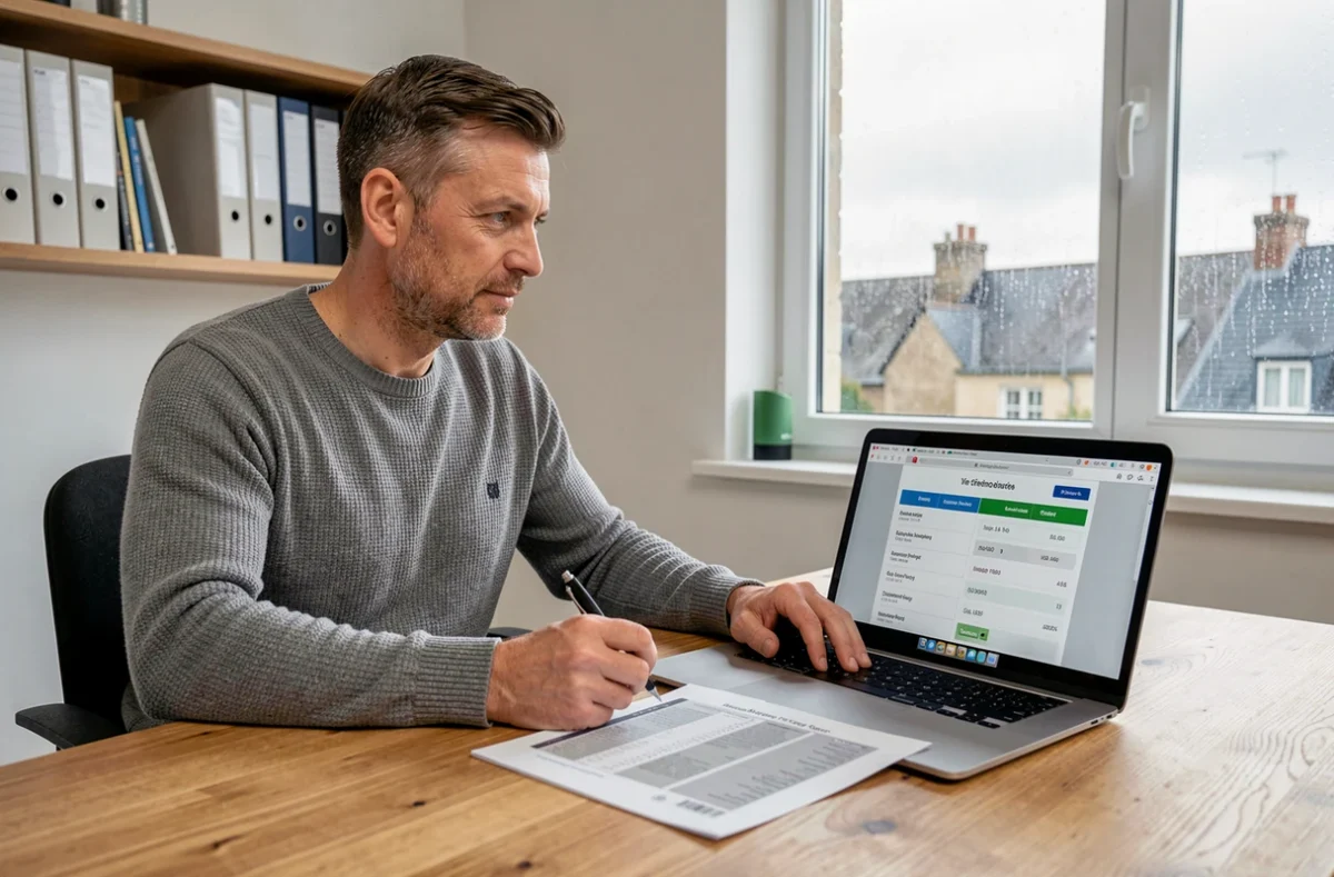 Homme comparant des devis d'assurance auto en ligne depuis son bureau à Brest