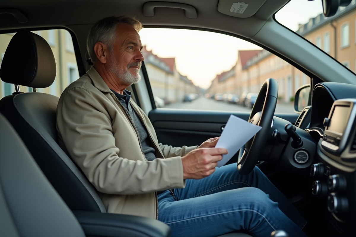 Homme d'âge moyen dans une voiture compacte en ville