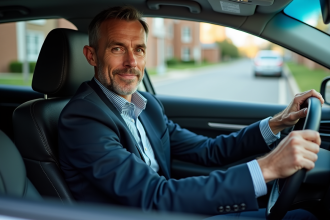 Homme d'âge moyen en voiture moderne en intérieur