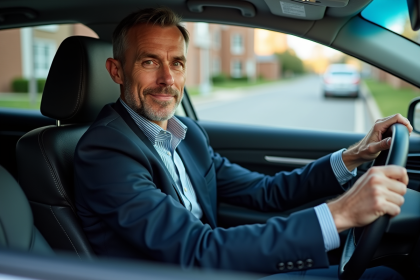 Homme d'âge moyen en voiture moderne en intérieur