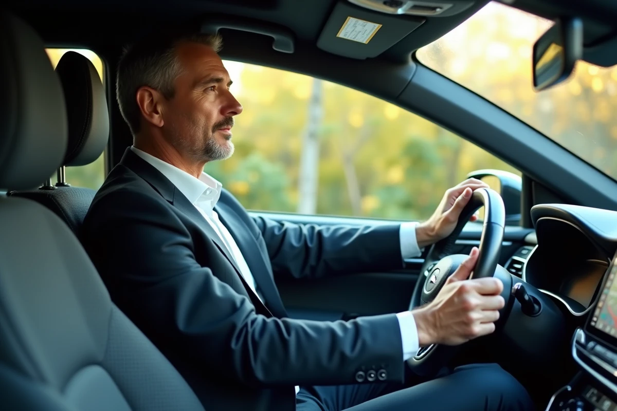 Homme en costume dans une voiture hybride au repos