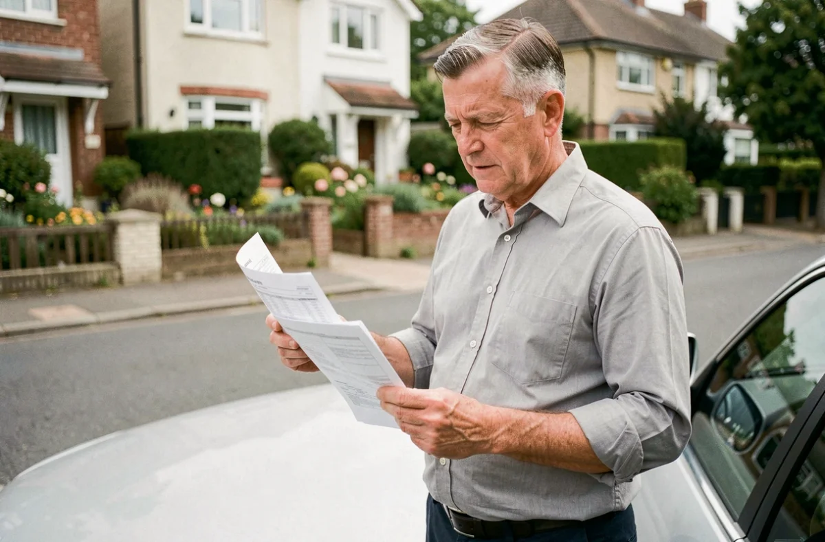 Homme examinant les documents de son contrat d'assurance auto Carma devant sa voiture
