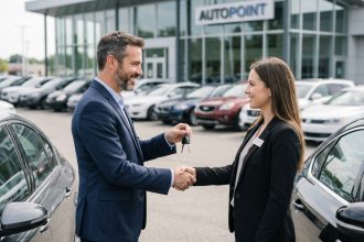 Homme d'affaires remettant les clés à un agent automobile
