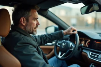Homme regardant le tableau de bord de sa voiture moderne