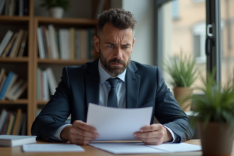 Homme inquiet tenant des documents dans un bureau à domicile