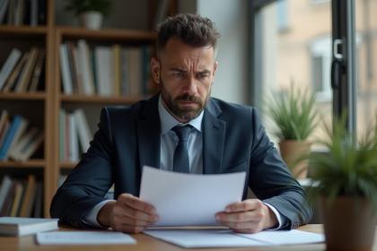 Homme inquiet tenant des documents dans un bureau à domicile
