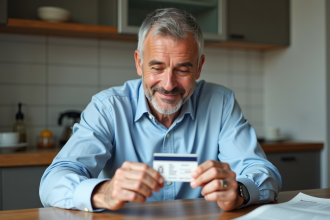 Homme français examine son permis de conduire avec un sourire