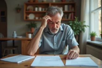 Homme frustré face à une amende injustifiée liée à une erreur dans le SIV, entouré de documents administratifs sur une table