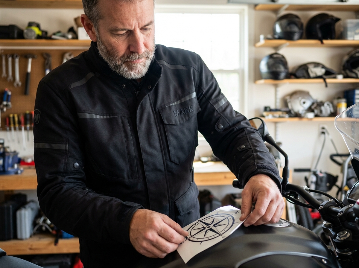 Homme appliquant un decal sur sa moto dans un garage lumineux