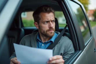 Homme inquiet dans sa voiture regardant ses documents d'assurance