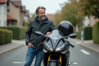 Homme en moto avec casque et documents d'assurance