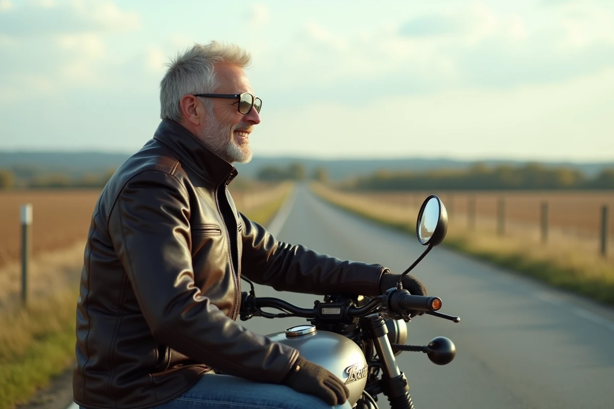 Homme en moto classique dans la campagne