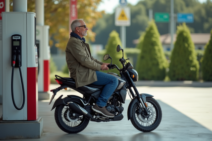 Homme d'âge moyen sur moto en station essence urbaine