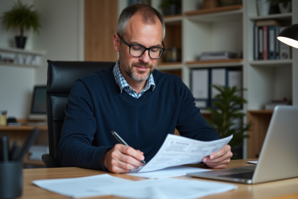 Homme français concentré sur ses documents de voiture