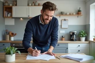 Homme en cuisine remplissant papiers d'immatriculation voiture