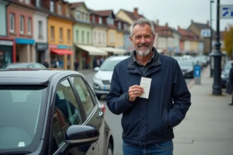 Homme souriant avec ticket de parking devant sa voiture à Colmar