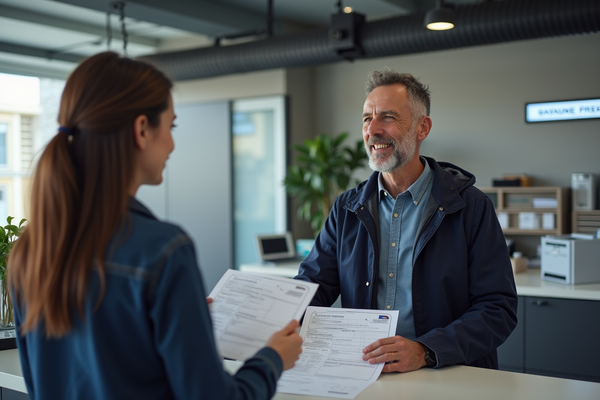 Homme tenant un cerfa dans une préfecture moderne