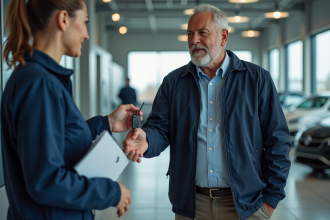 Homme remettant les clés à une mécanicienne dans un centre de contrôle technique