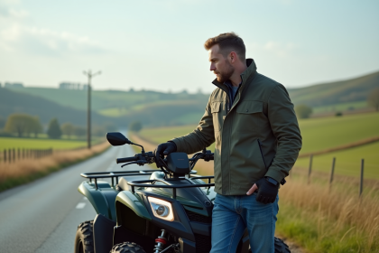 Homme inspectant le tableau de bord d'un quad 125cc en campagne