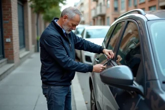 Homme concentré manipulant un fil dans une voiture moderne