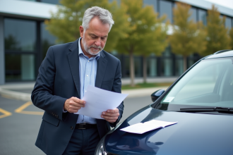 Homme d affaires vérifiant ses notes de frais voiture