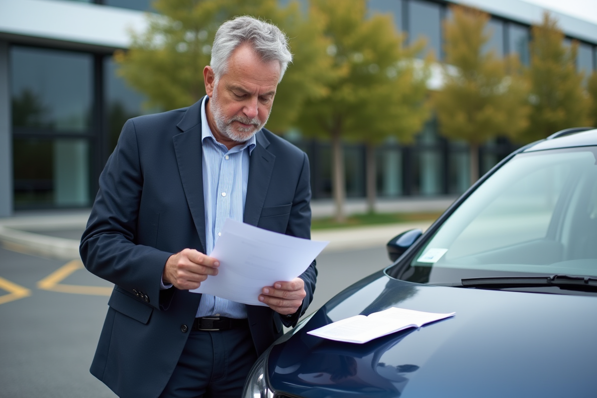 Homme d affaires vérifiant ses notes de frais voiture