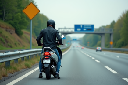 Jeune homme vérifiant son scooter sur l'autoroute