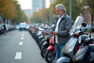 Homme d'âge moyen avec scooter en ville