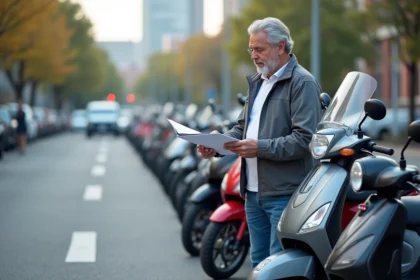 Homme d'âge moyen avec scooter en ville