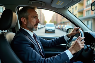 Homme d'âge moyen dans une voiture urbaine en réflexion