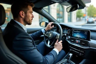 Homme en costume dans une voiture moderne vue de côté