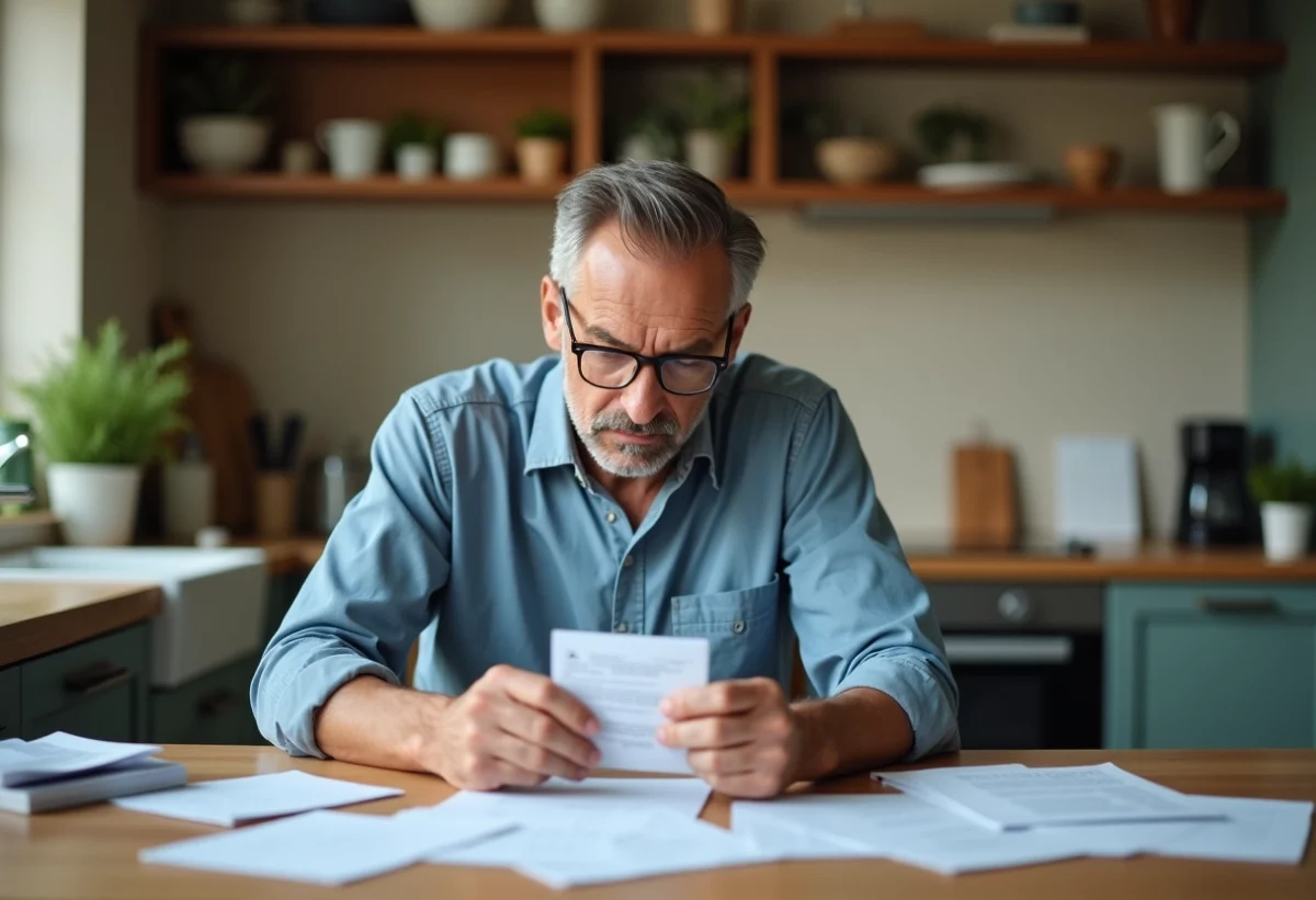 Homme d'âge moyen examine sa carte grise dans une cuisine lumineuse