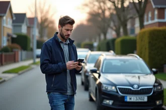 Homme concentré sur son smartphone à côté de sa voiture