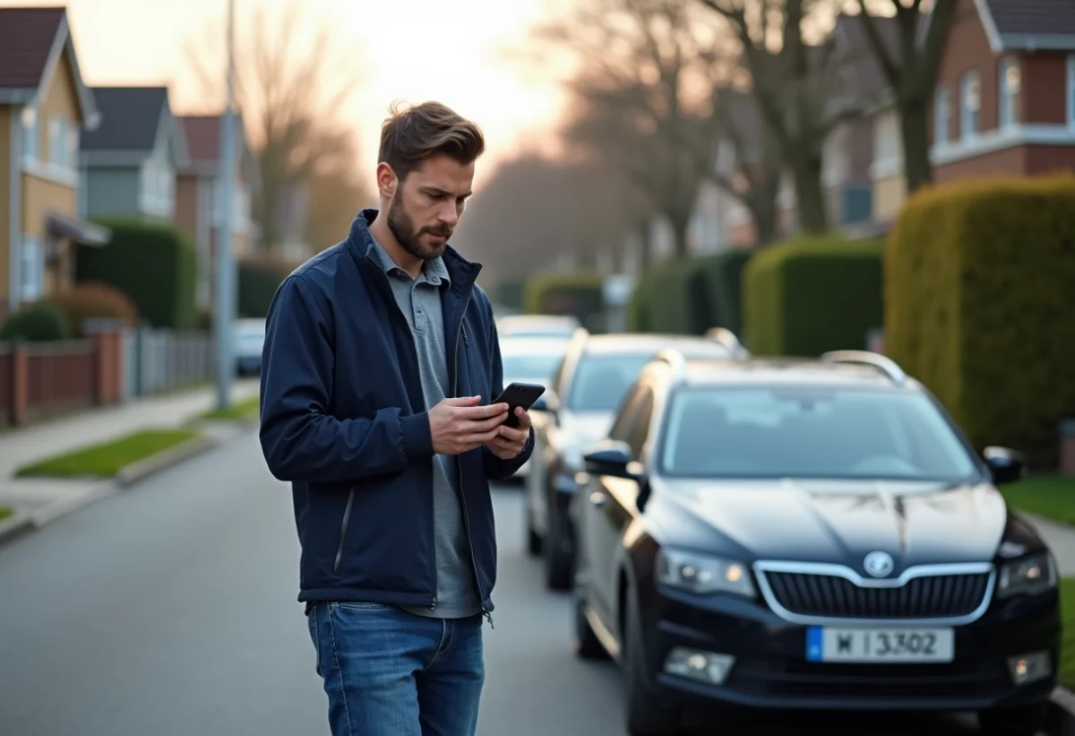 Homme concentré sur son smartphone à côté de sa voiture