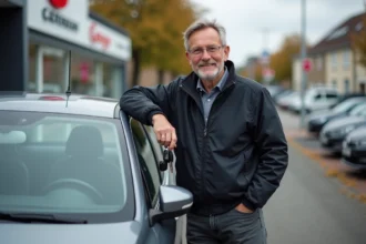 Homme souriant avec voiture compacte devant un concessionnaire