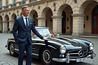 Homme en costume navy près d'une Mercedes 300 SL ancienne