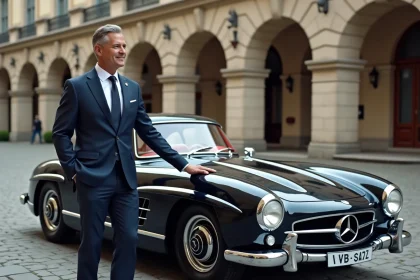 Homme en costume navy près d'une Mercedes 300 SL ancienne