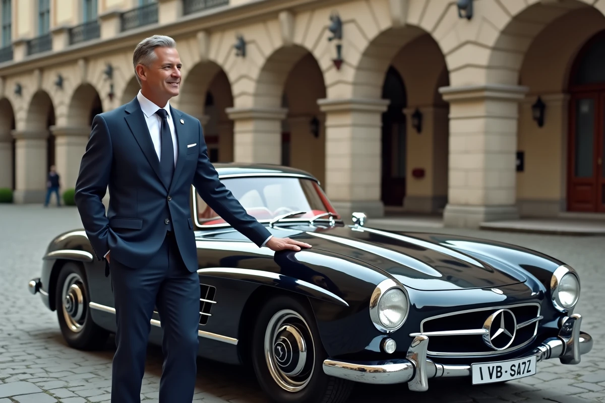 Homme en costume navy près d'une Mercedes 300 SL ancienne
