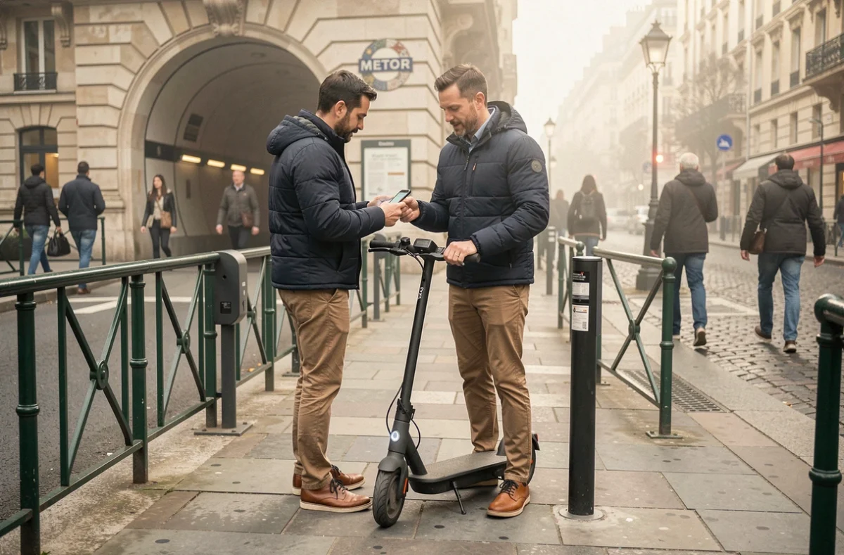 Homme déverrouillant une trottinette électrique à une station de mobilité urbaine devant une entrée de métro parisien