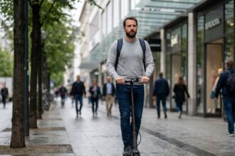 Homme en trottinette électrique moderne dans une rue urbaine avec immeubles en verre et trottoir arboré