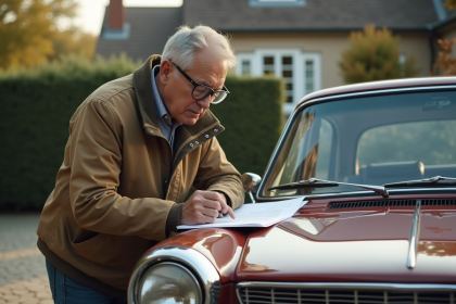 Homme d'âge moyen lisant un document de voiture ancienne