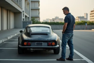 Homme français examine sa voiture vintage noire