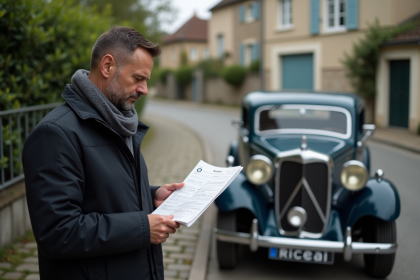 Homme examine document de voiture ancienne devant une voiture vintage