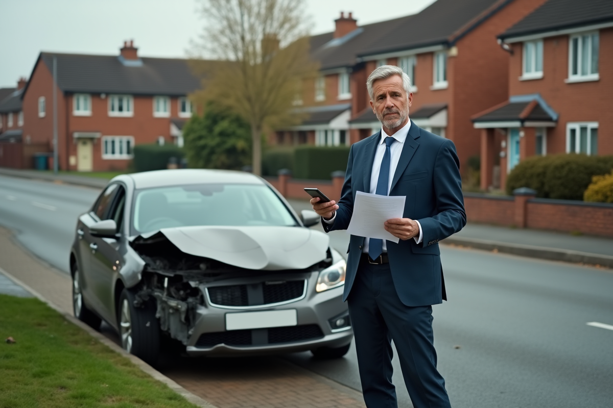 Homme d affaires à côté d une voiture endommagée en banlieue
