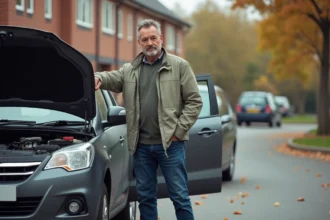 Homme d'âge moyen examine le moteur d'un SUV en banlieue