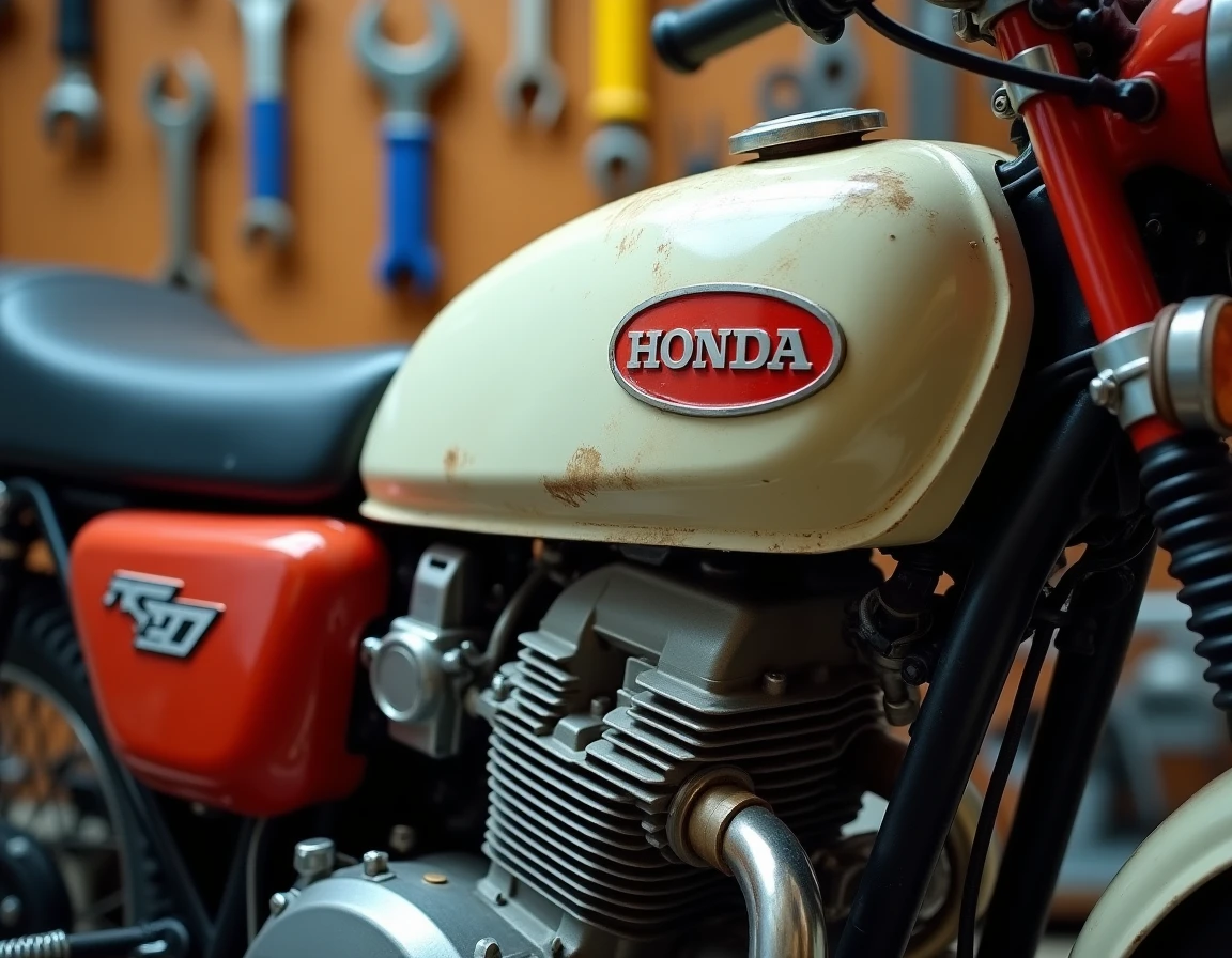Détail moteur et réservoir de la Honda XL 500 avec décalcomanies d'époque et patine authentique