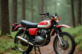 Honda XL 500 vintage garée sur un sentier forestier entouré de fougères et de rochers moussus